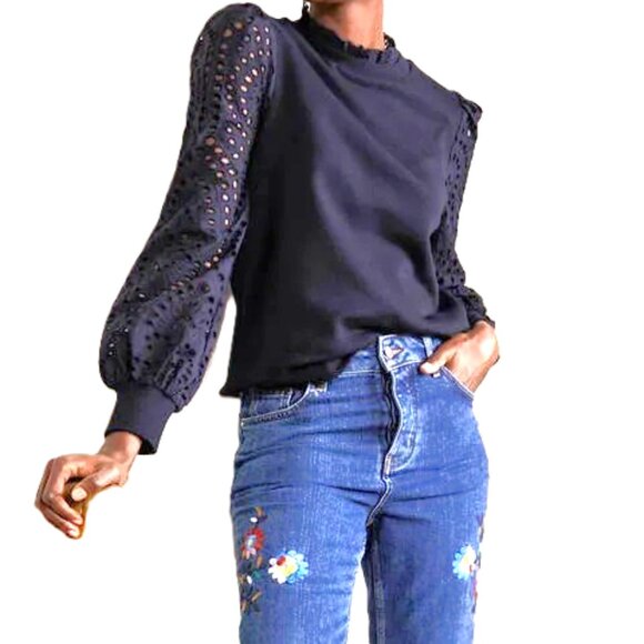 Boden Tops - Boden Broderie Blouson Cotton Jersey Knit Sweatshirt Navy 8